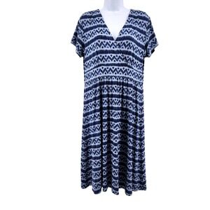 LL Bean Dress Women's Large Blue Knit Geo Print V-Neck Short Sleeve Minimalist